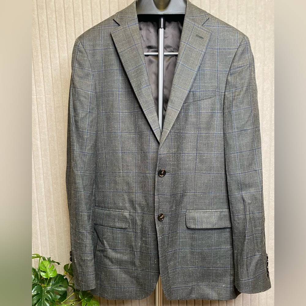Ralph Lauren summer Sport Coat Mens 40L Blue Gray Plaid Wool Linen Silk Blazer